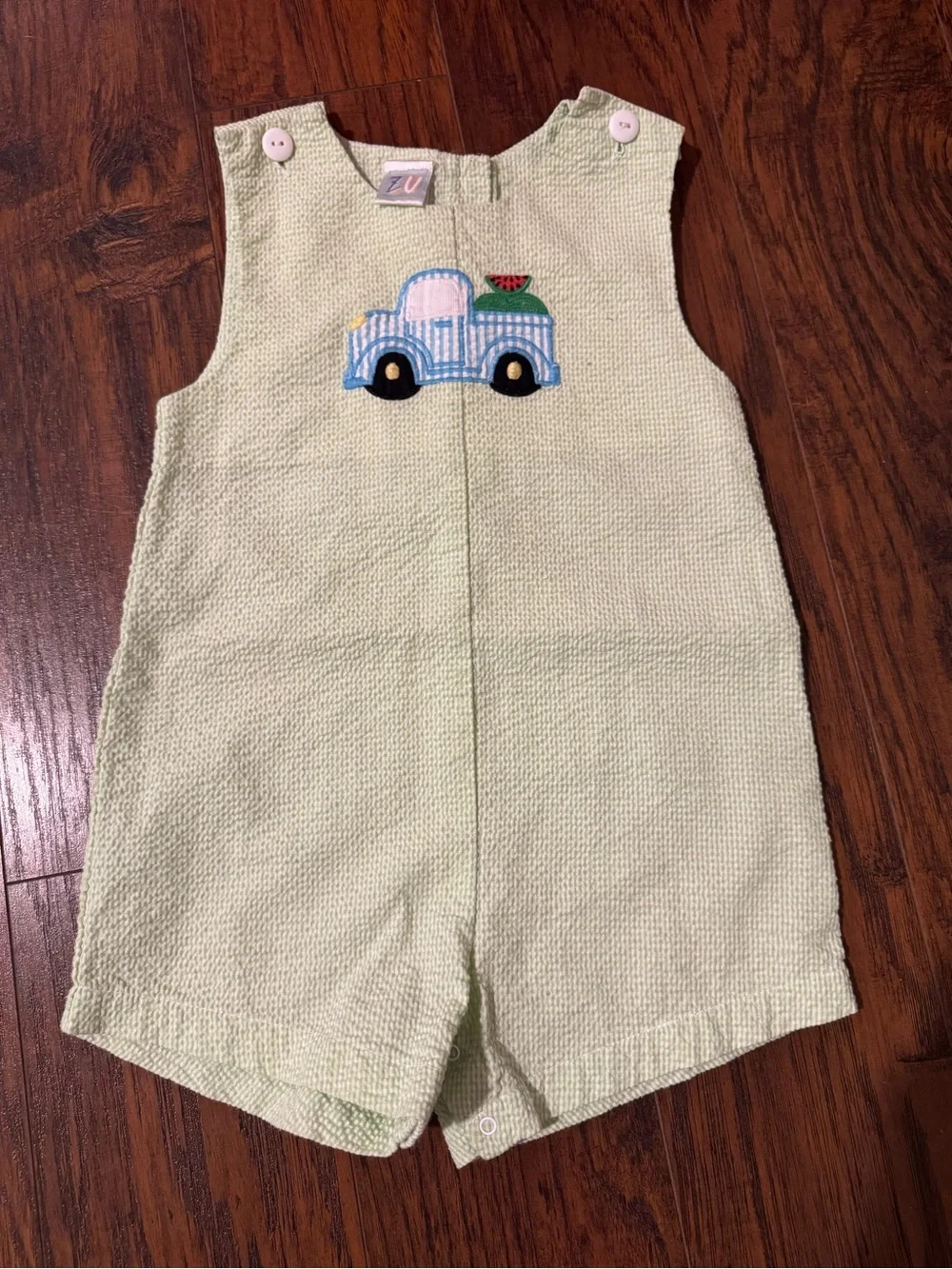 Light Green Seersucker Romper/John John with Truck Applique
